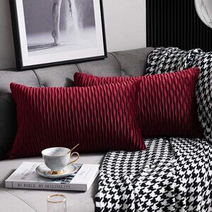 DEZENE Wine Red Throw Pillow Covers: 2 Pack 12x20 Inch Original Striped Velvet R